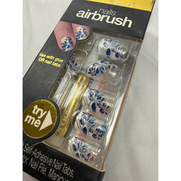 Pretty Woman Other - Pretty Woman Airbrush Press On Nails Silver Blue Purple Floral Nail Set